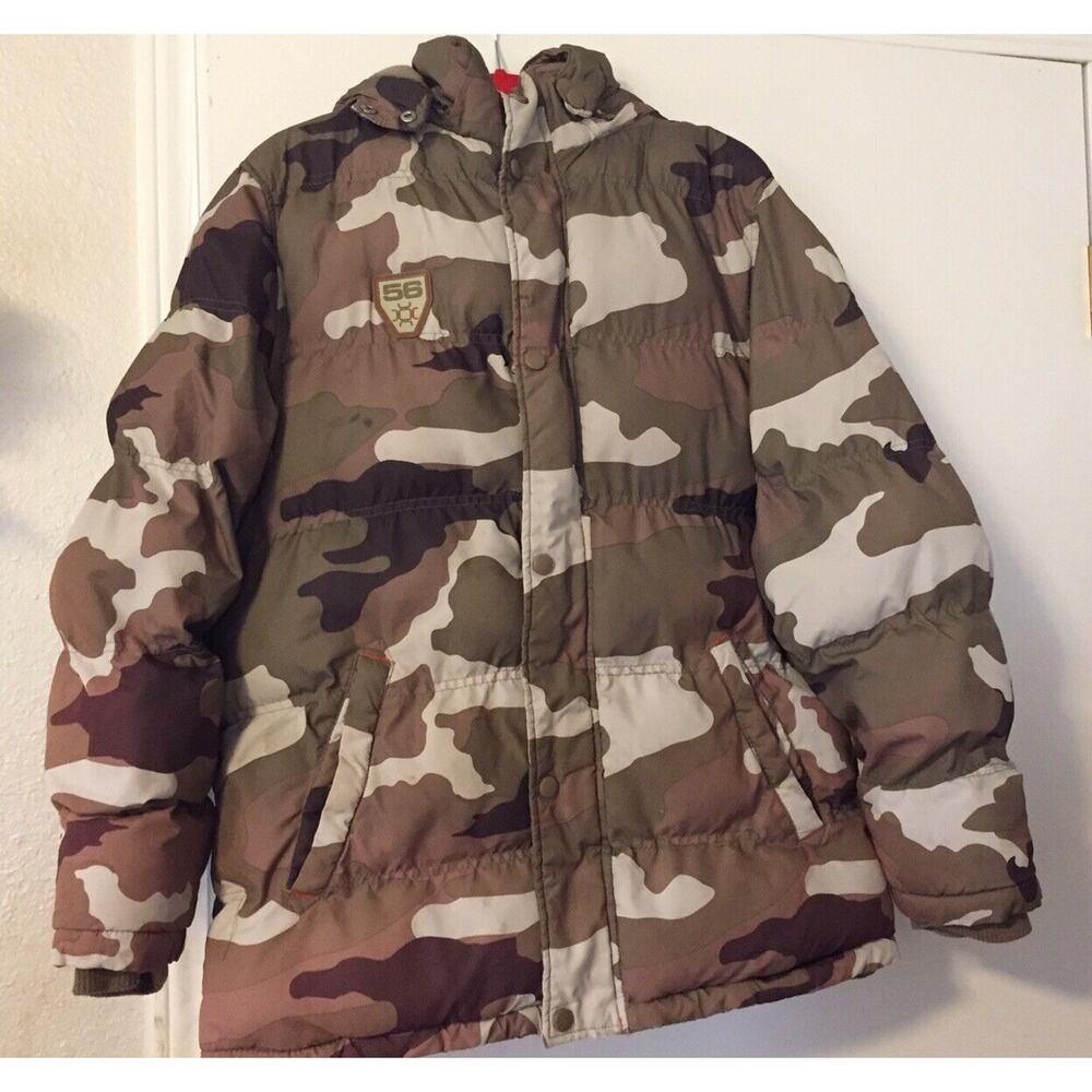 Camo Puff Jacket Boys Xl 16/18 Back Security‎ Pocket Detach Hood Earphone Holder